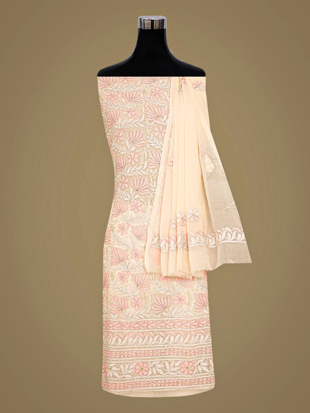 Ada Hand Embroidered Pale Peach Georgette Lucknowi Chikankari Unstitched Suit Piece 01A896054