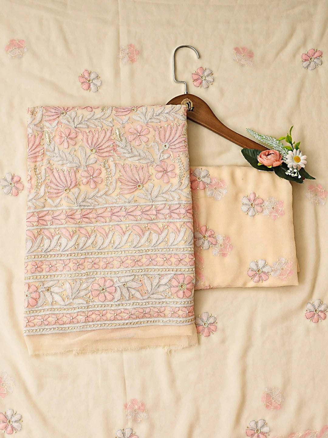 Ada Hand Embroidered Pale Peach Georgette Lucknowi Chikankari Unstitched Suit Piece 01A896054
