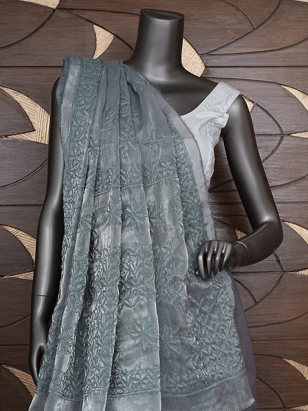 Ada Hand Embroidered Cool Grey Tissue Lucknowi Chikankari Saree With Blouse 01A904745
