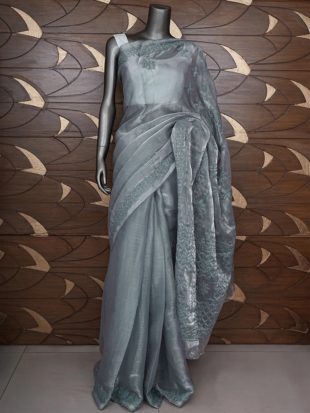 Ada Hand Embroidered Cool Grey Tissue Lucknowi Chikankari Saree With Blouse 01A904745