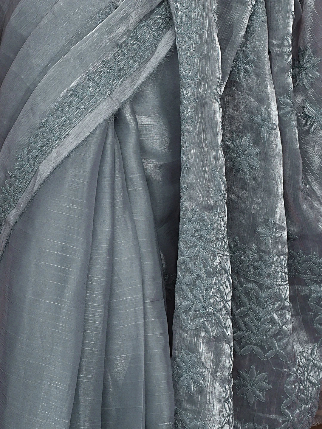 Ada Hand Embroidered Cool Grey Tissue Lucknowi Chikankari Saree With Blouse 01A904745