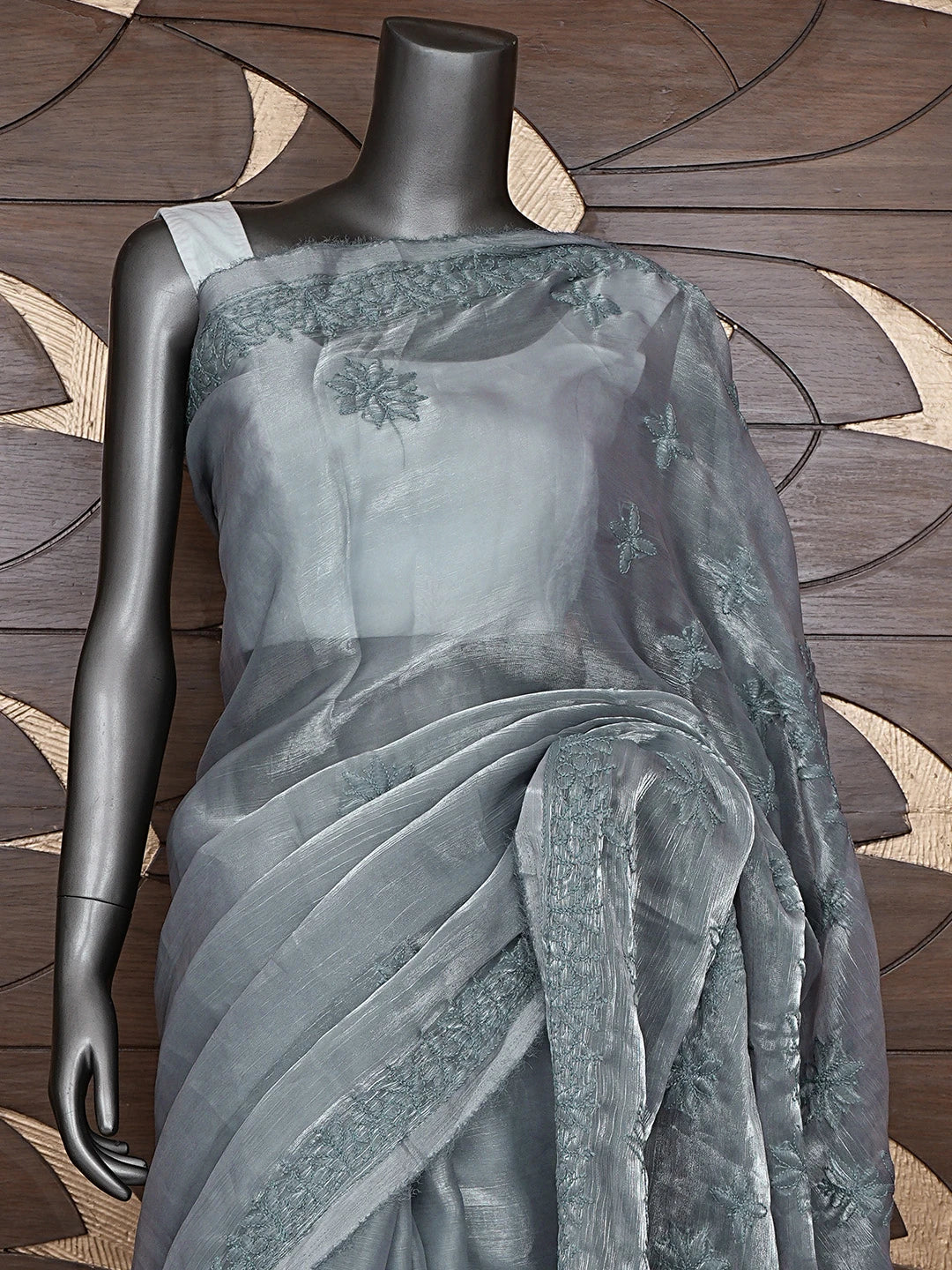 Ada Hand Embroidered Cool Grey Tissue Lucknowi Chikankari Saree With Blouse 01A904745