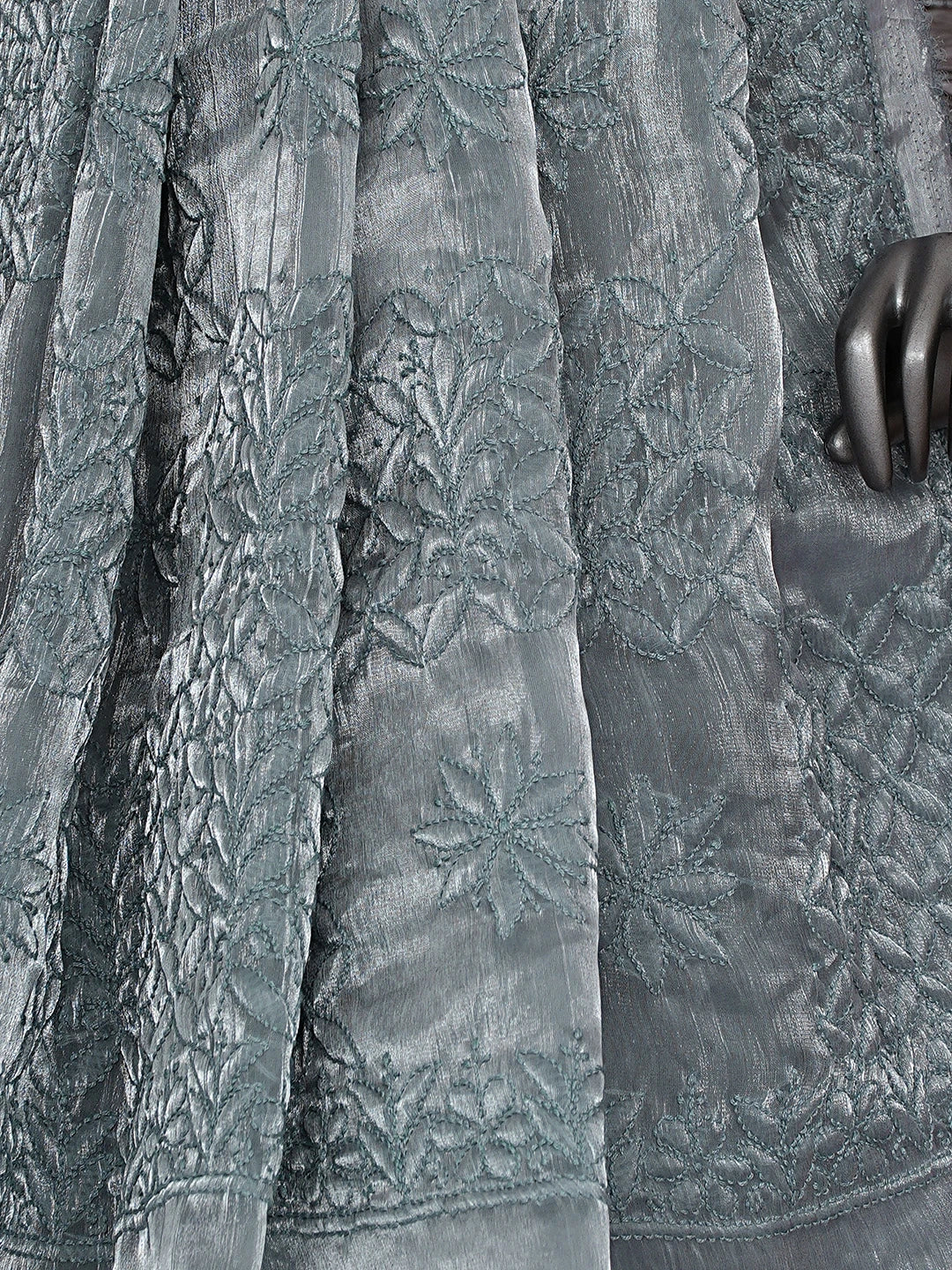 Ada Hand Embroidered Cool Grey Tissue Lucknowi Chikankari Saree With Blouse 01A904745