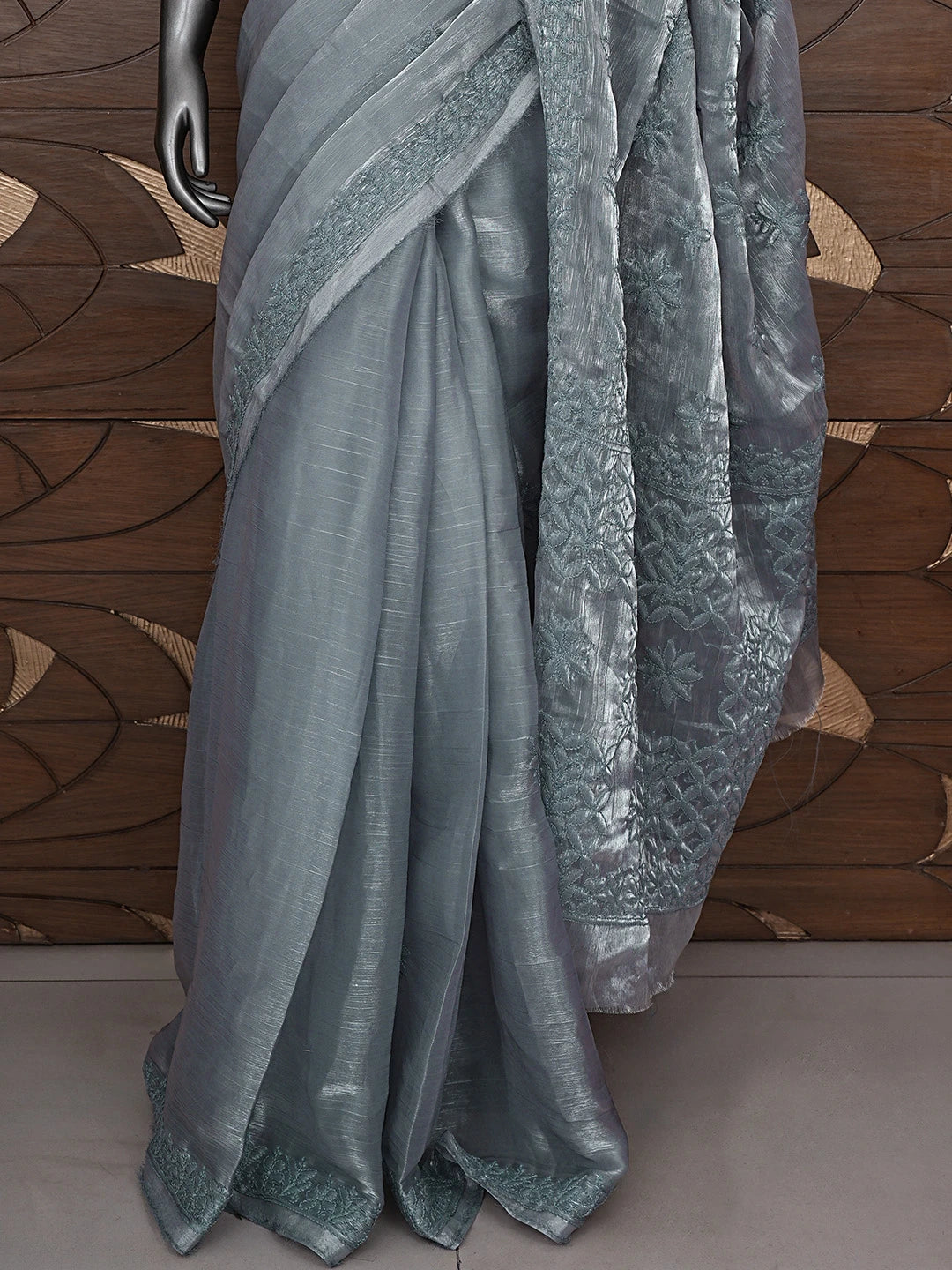 Ada Hand Embroidered Cool Grey Tissue Lucknowi Chikankari Saree With Blouse 01A904745