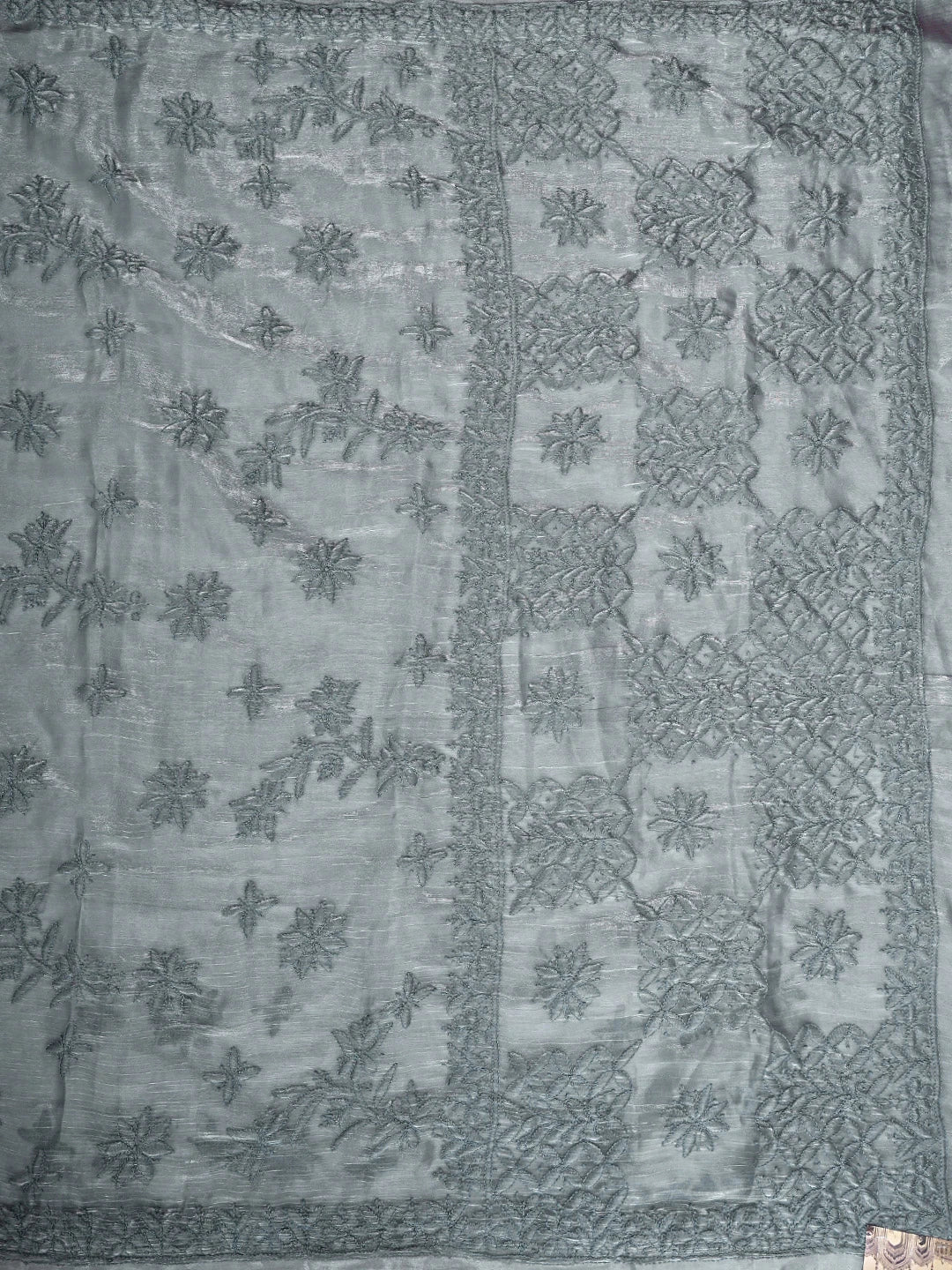 Ada Hand Embroidered Cool Grey Tissue Lucknowi Chikankari Saree With Blouse 01A904745