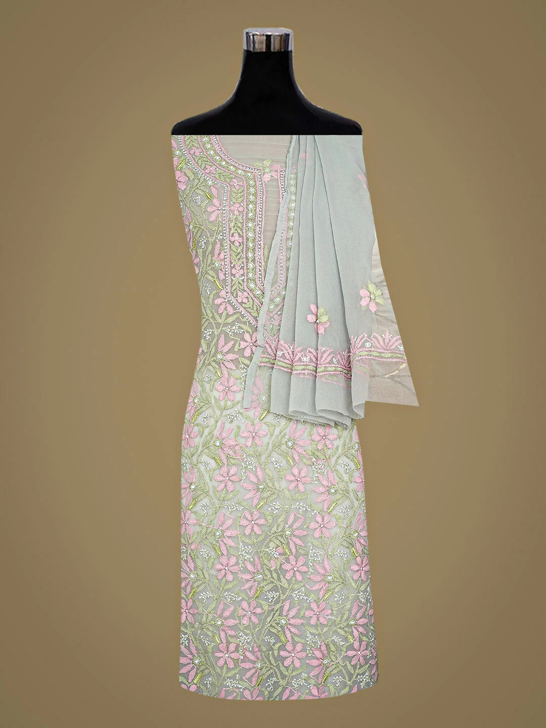 Ada Hand Embroidered Ash Grey Georgette Lucknowi Chikankari Unstitched Suit Piece 01A884033