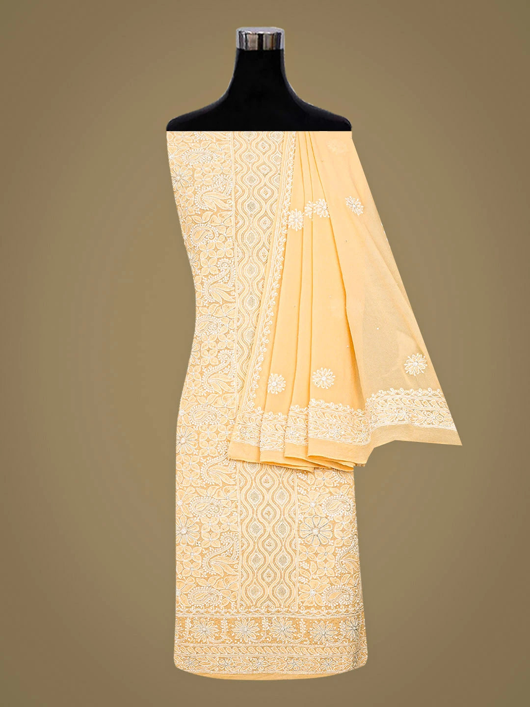 Ada Hand Embroidered Peach Pure Georgette Lucknowi Chikankari Unstitched Kurta Dupatta Set With Cutdana Work 01A712984