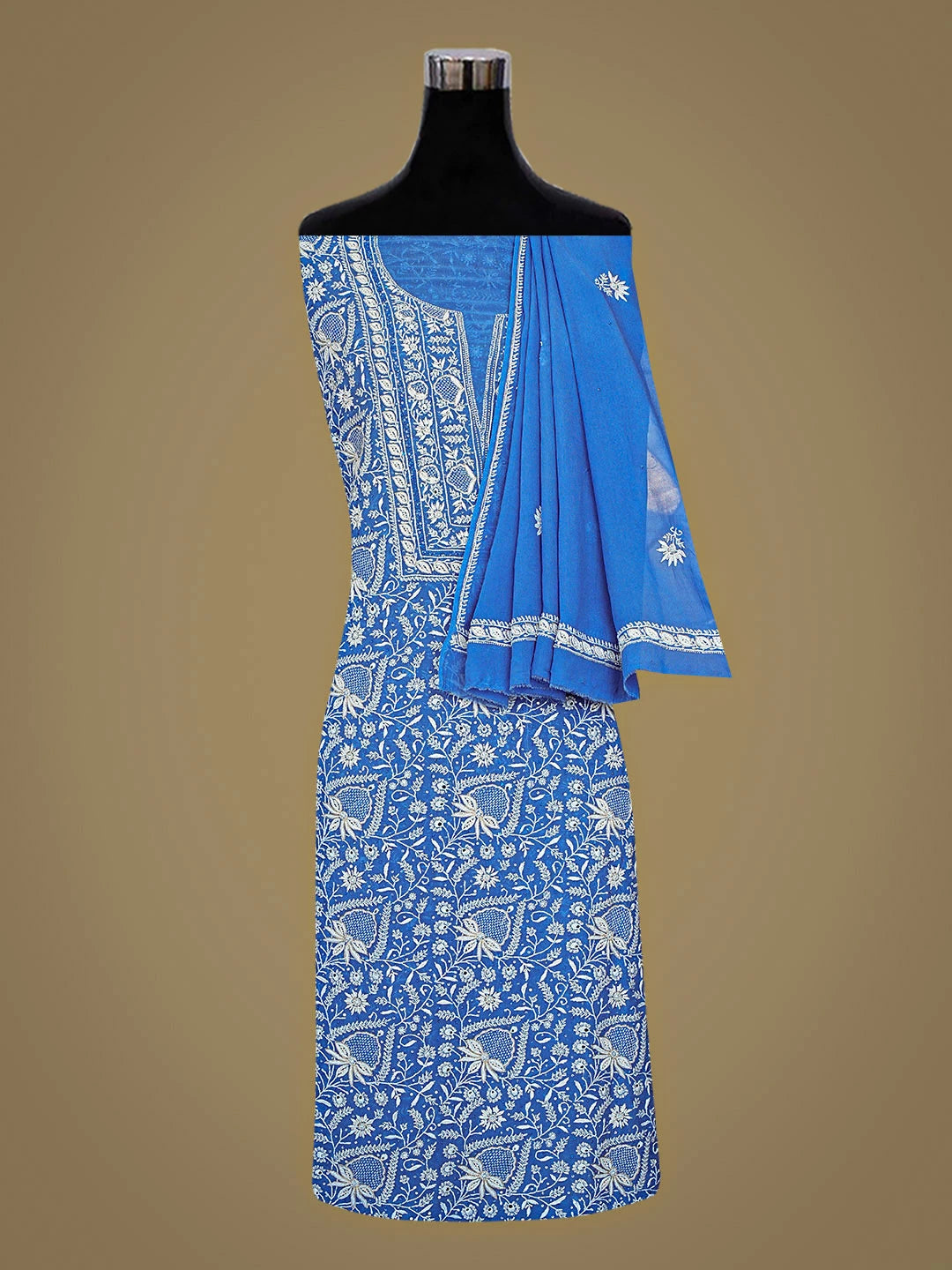 Ada Hand Embroidered Ocean Deep Blue Pure Georgette Lucknowi Chikankari Unstitched Kurta Dupatta Set With Sequinned Work 01A865529
