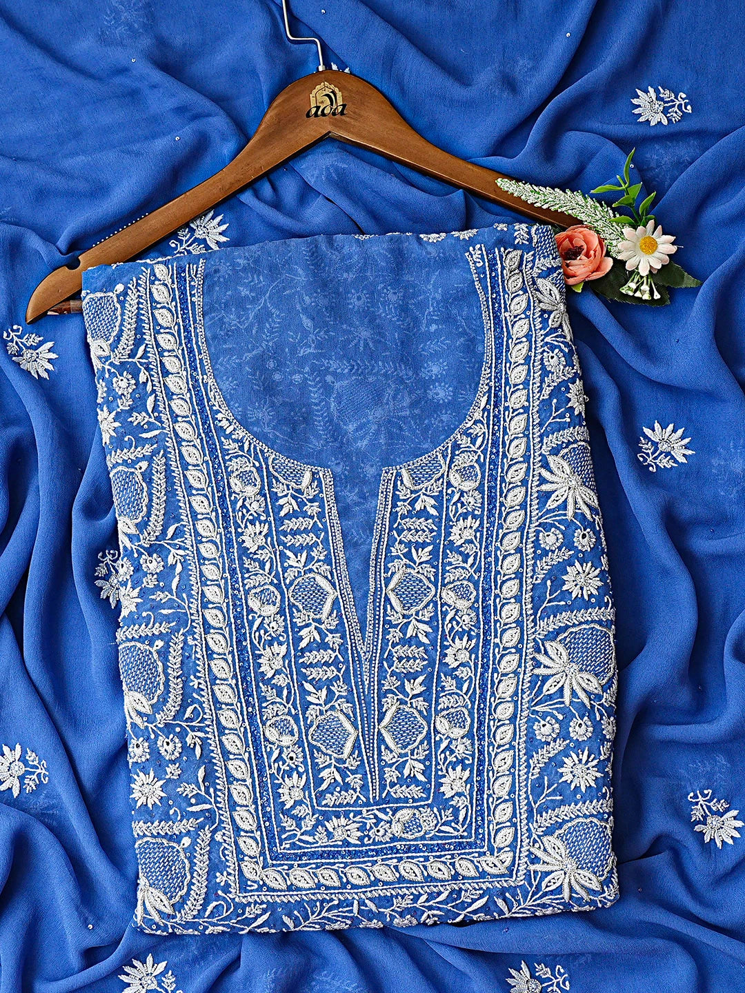 Ada Hand Embroidered Ocean Deep Blue Pure Georgette Lucknowi Chikankari Unstitched Kurta Dupatta Set With Sequinned Work 01A865529