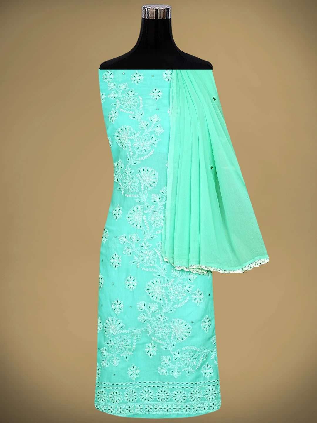 Ada Hand Embroidered Aquamarine Turquoise Cotton Lucknowi Chikankari Unstitched Suit Piece With Cutdana Work 01A363014