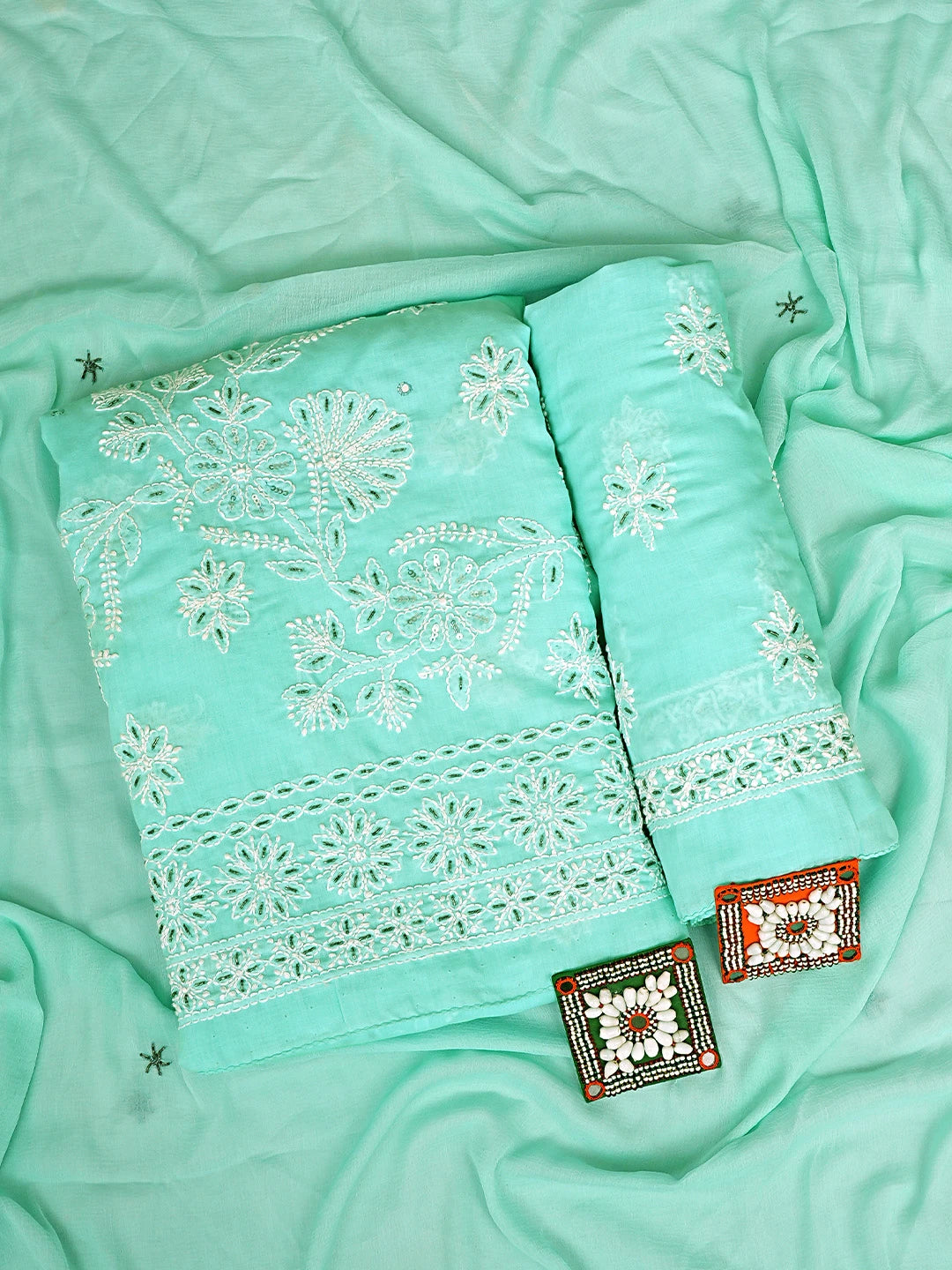 Ada Hand Embroidered Aquamarine Turquoise Cotton Lucknowi Chikankari Unstitched Suit Piece With Cutdana Work 01A363014