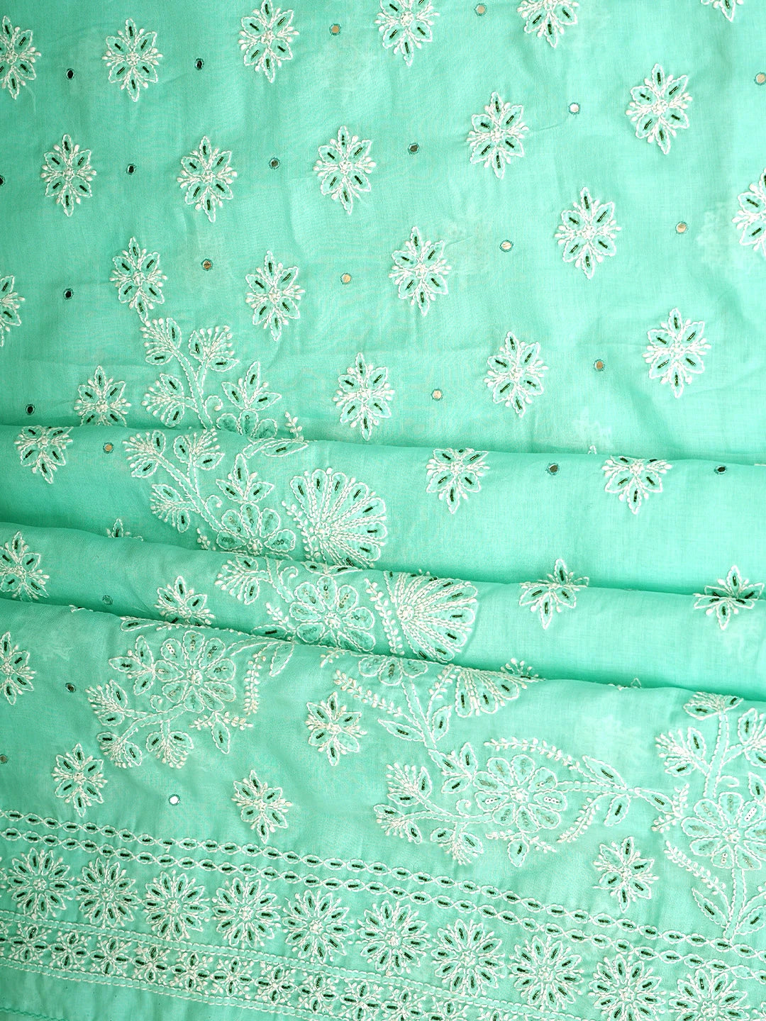 Ada Hand Embroidered Aquamarine Turquoise Cotton Lucknowi Chikankari Unstitched Suit Piece With Cutdana Work 01A363014