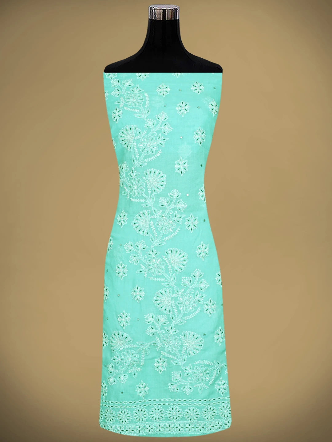 Ada Hand Embroidered Aquamarine Turquoise Cotton Lucknowi Chikankari Unstitched Suit Piece With Cutdana Work 01A363014