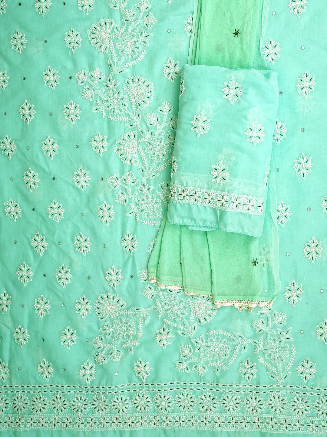 Ada Hand Embroidered Aquamarine Turquoise Cotton Lucknowi Chikankari Unstitched Suit Piece With Cutdana Work 01A363014