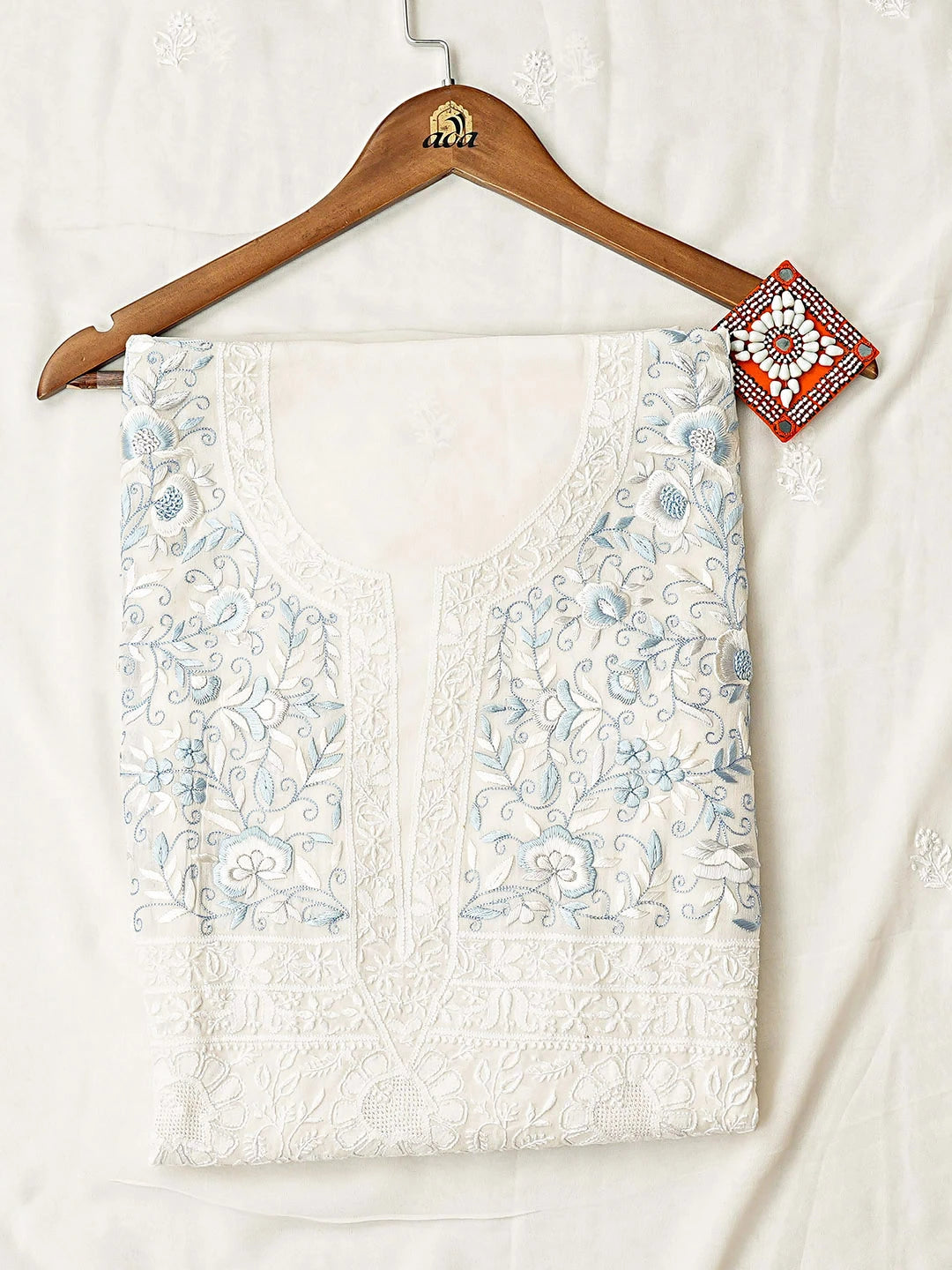 Ada Hand Embroidered White Pure Georgette Lucknowi Chikankari Unstitched Kurta Dupatta Set With Parsi Work 01A548647