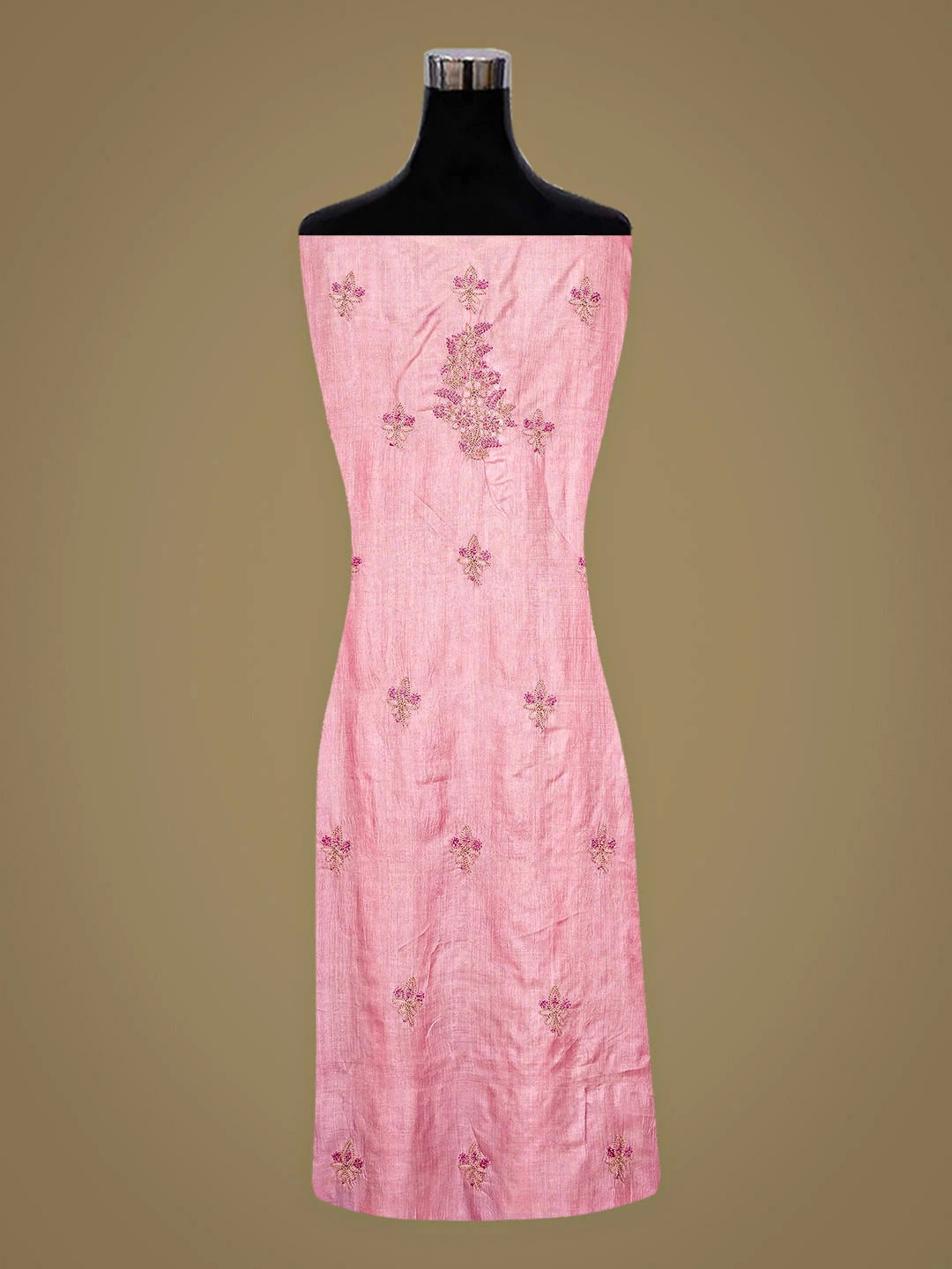 Ada Hand Embroidered Coral Pink Silk Lucknowi Chikankari Semi-stitched Suit Piece With Muqaish Work 01A913050