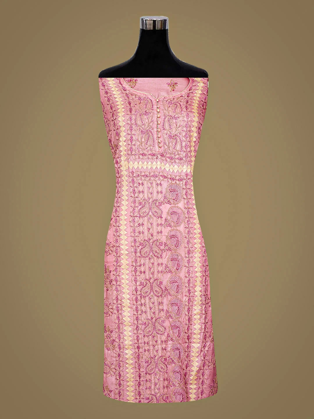 Ada Hand Embroidered Coral Pink Silk Lucknowi Chikankari Semi-stitched Suit Piece With Muqaish Work 01A913050