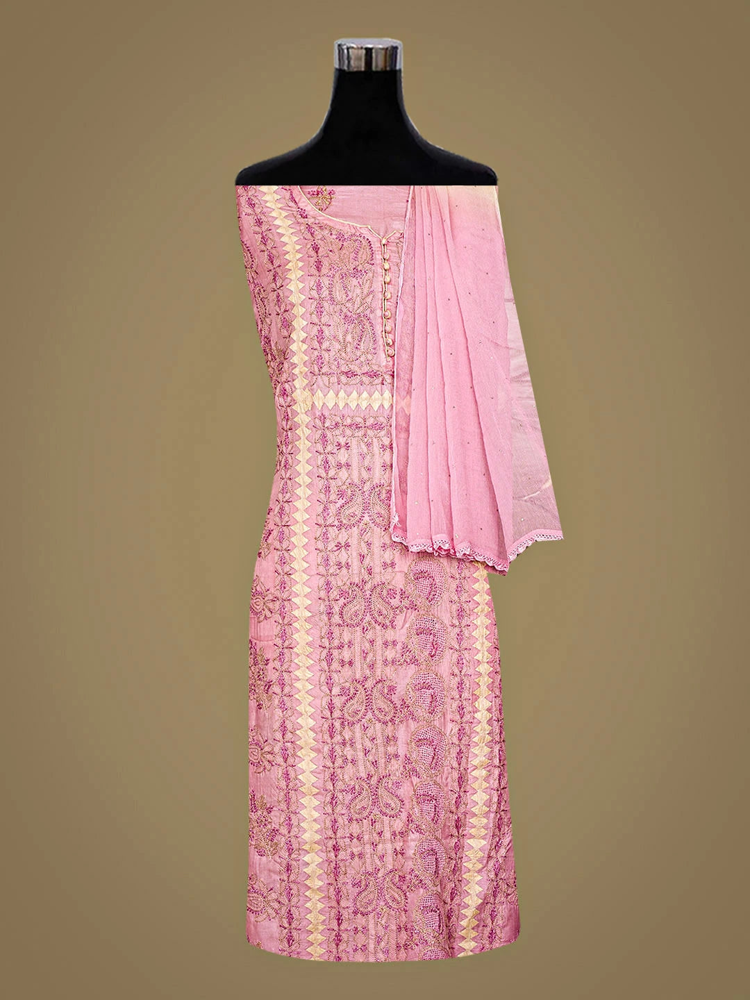Ada Hand Embroidered Coral Pink Silk Lucknowi Chikankari Semi-stitched Suit Piece With Muqaish Work 01A913050