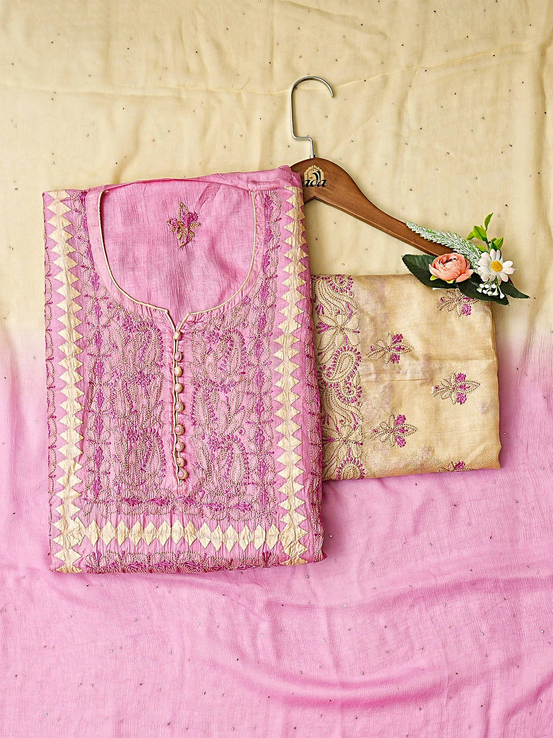 Ada Hand Embroidered Coral Pink Silk Lucknowi Chikankari Semi-stitched Suit Piece With Muqaish Work 01A913050