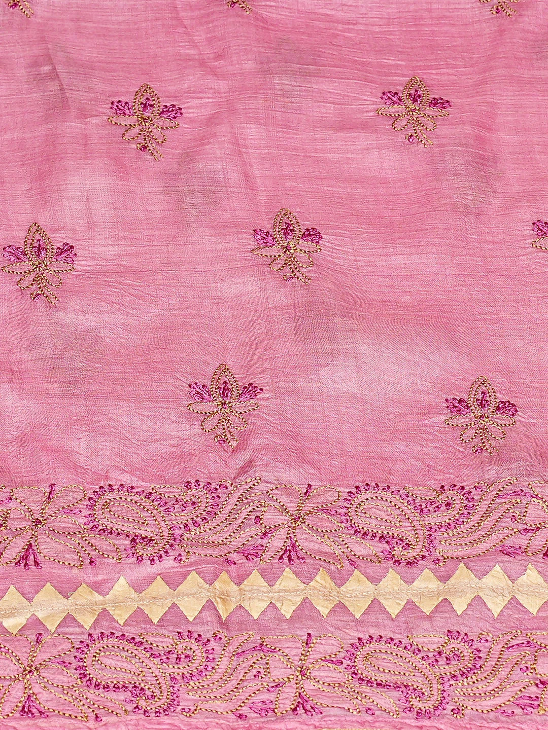 Ada Hand Embroidered Coral Pink Silk Lucknowi Chikankari Semi-stitched Suit Piece With Muqaish Work 01A913050