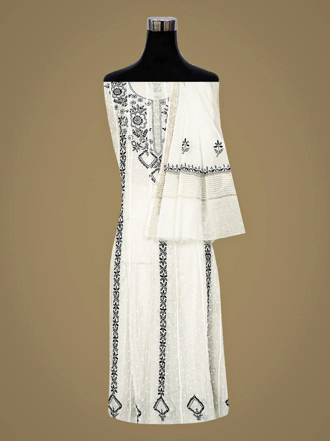 Ada Hand Embroidered White Chanderi Lucknowi Chikankari Unstitched Kurta Dupatta Set With Pearl Work 01A911226