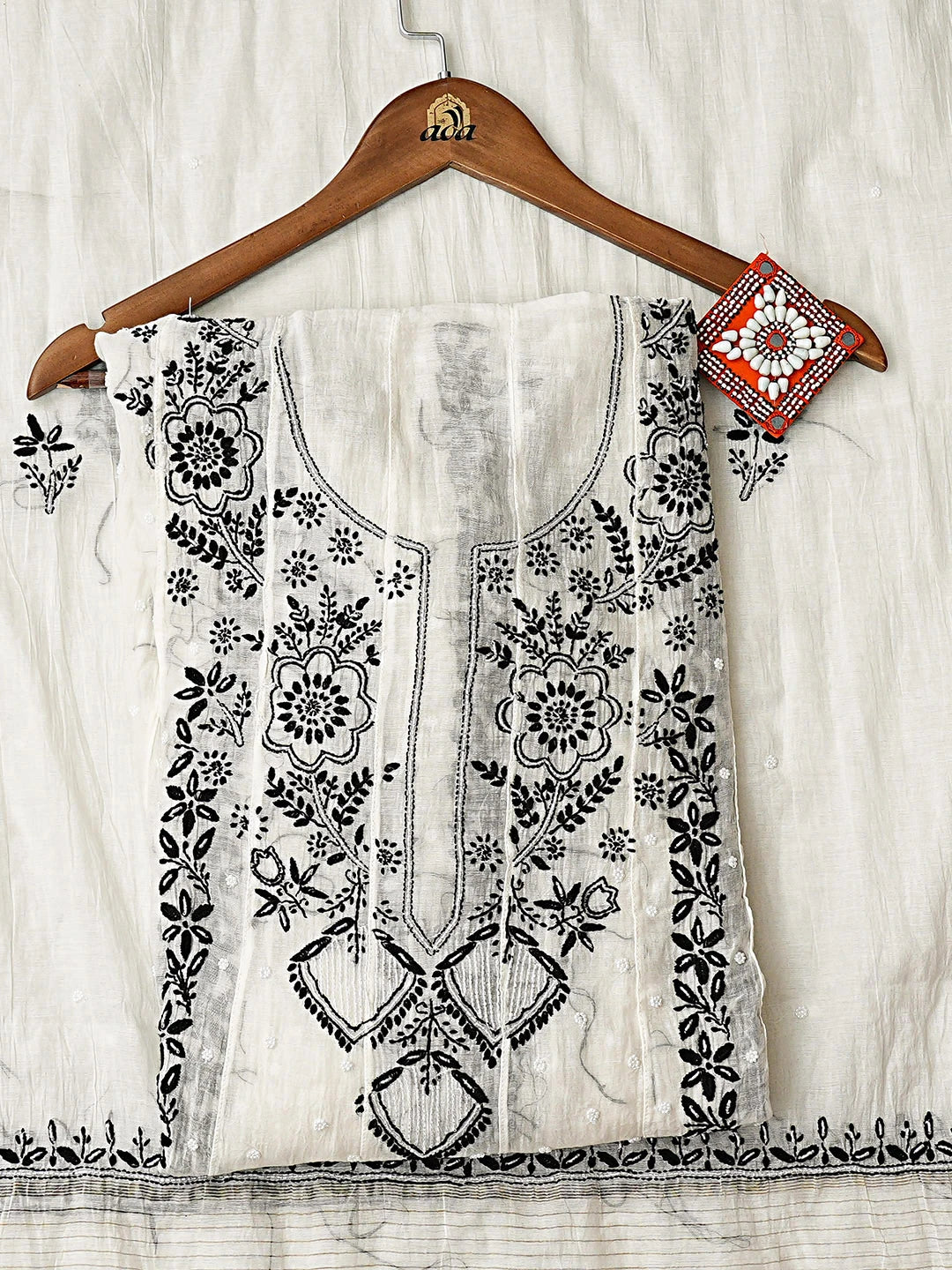 Ada Hand Embroidered White Chanderi Lucknowi Chikankari Unstitched Kurta Dupatta Set With Pearl Work 01A911226