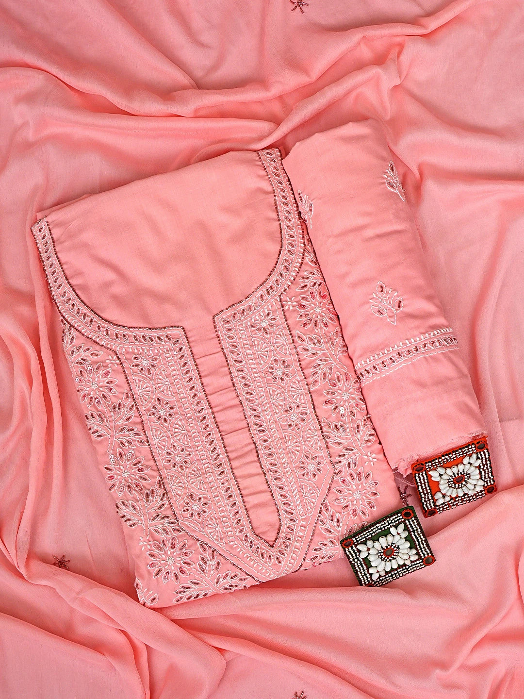 Ada Hand Embroidered Peachy Pink Cotton Lucknowi Chikankari Unstitched Suit Piece With Cutdana Work 01A321369