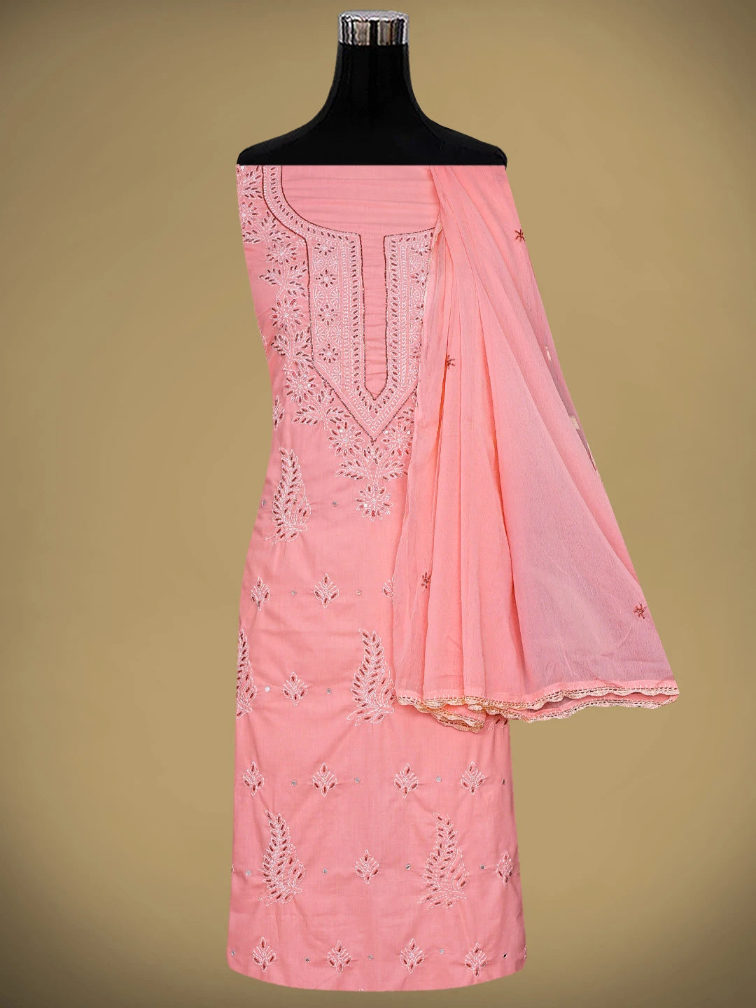 Ada Hand Embroidered Peachy Pink Cotton Lucknowi Chikankari Unstitched Suit Piece With Cutdana Work 01A321369