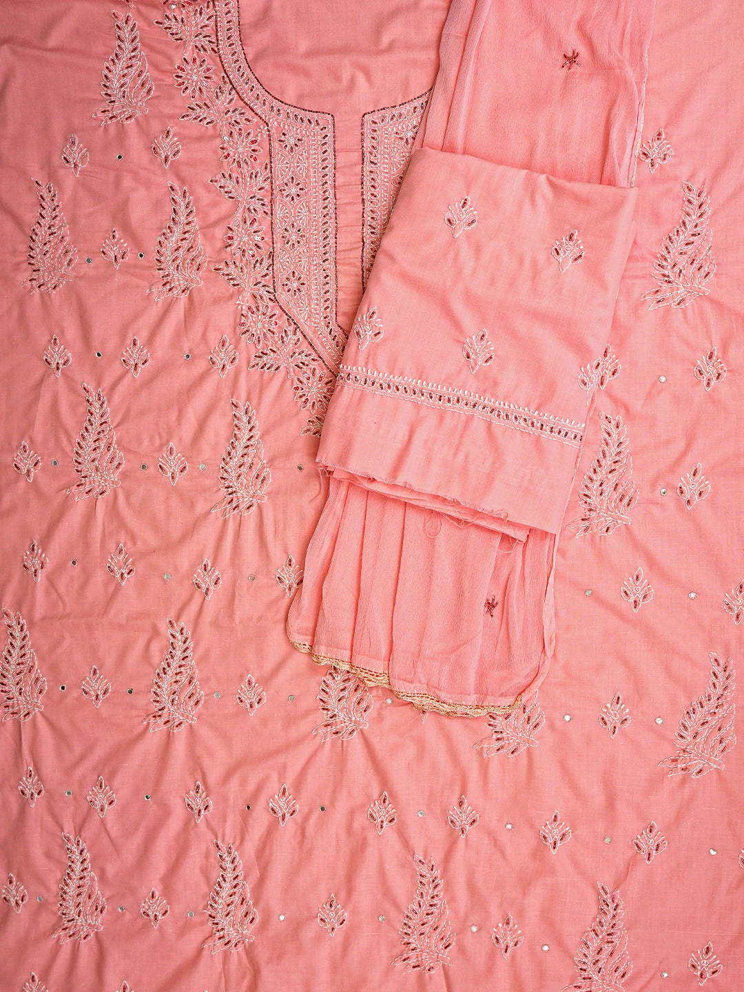 Ada Hand Embroidered Peachy Pink Cotton Lucknowi Chikankari Unstitched Suit Piece With Cutdana Work 01A321369