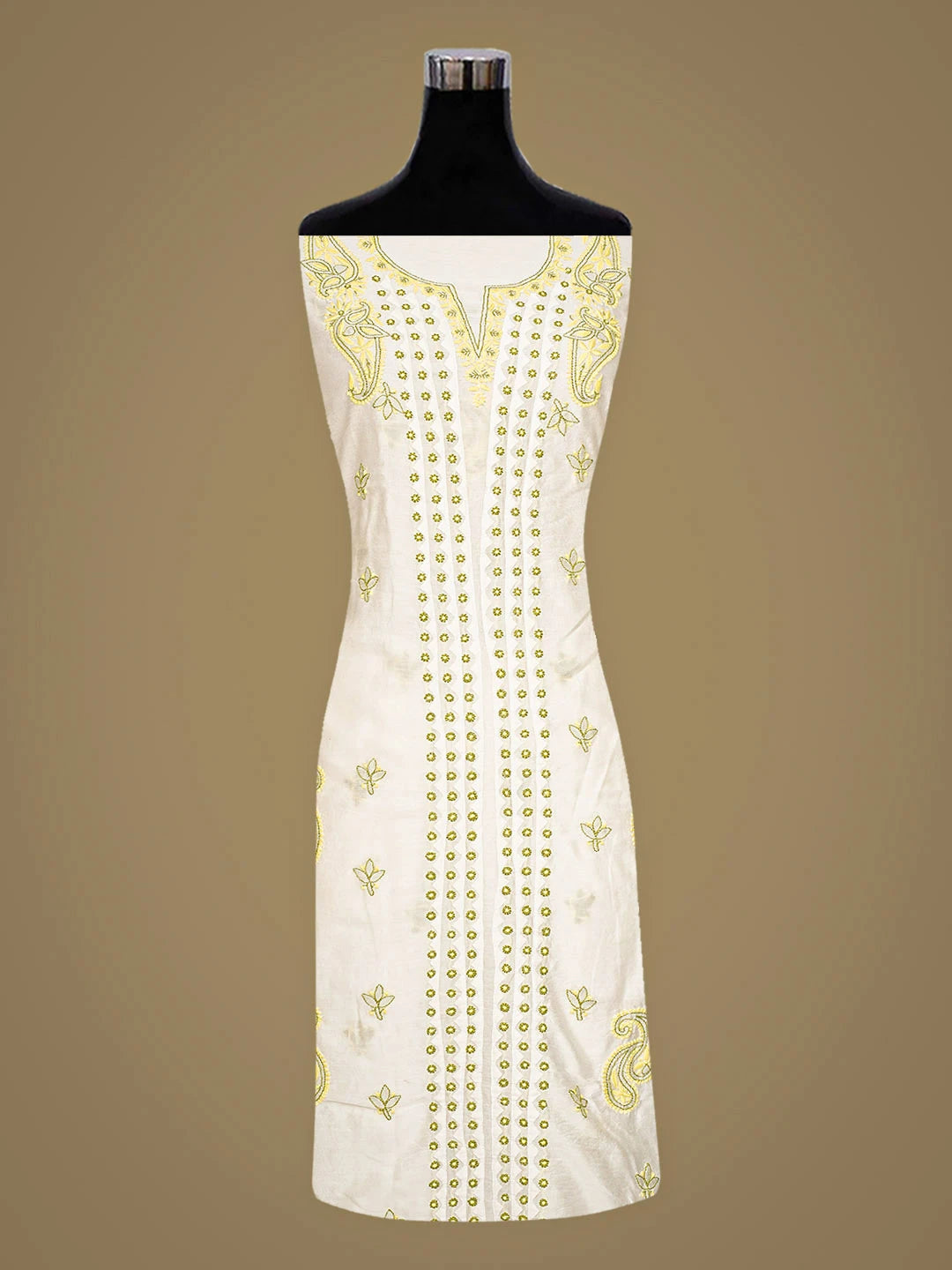 Ada Hand Embroidered Beige Chanderi Lucknowi Chikankari Unstitched Kurta Dupatta Set 01A904768