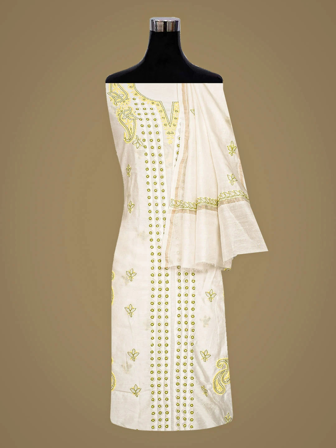 Ada Hand Embroidered Beige Chanderi Lucknowi Chikankari Unstitched Kurta Dupatta Set 01A904768