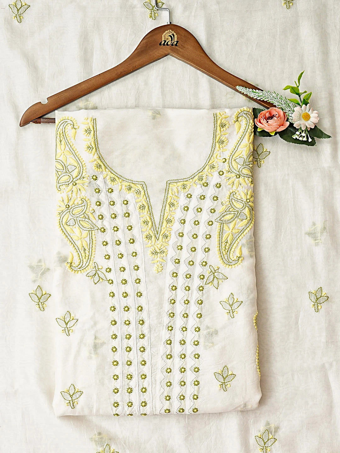 Ada Hand Embroidered Beige Chanderi Lucknowi Chikankari Unstitched Kurta Dupatta Set 01A904768