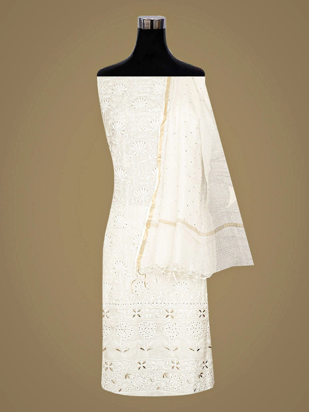 Ada Hand Embroidered White Kota Silk Lucknowi Chikankari Unstitched Kurta Dupatta Set With Muqaish/Mukaish Work 01A899397