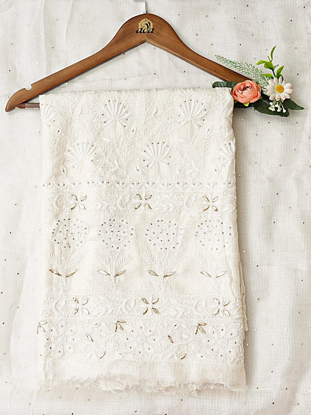 Ada Hand Embroidered White Kota Silk Lucknowi Chikankari Unstitched Kurta Dupatta Set With Muqaish/Mukaish Work 01A899397