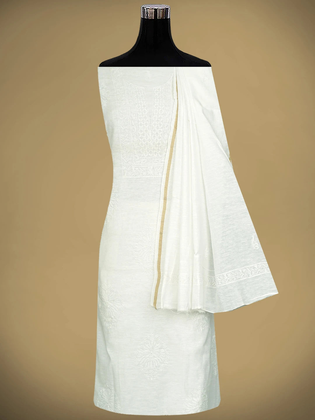 Ada Hand Embroidered White Khadi Chanderi Lucknowi Chikankari Unstitched Kurta Dupatta Set 01A361743