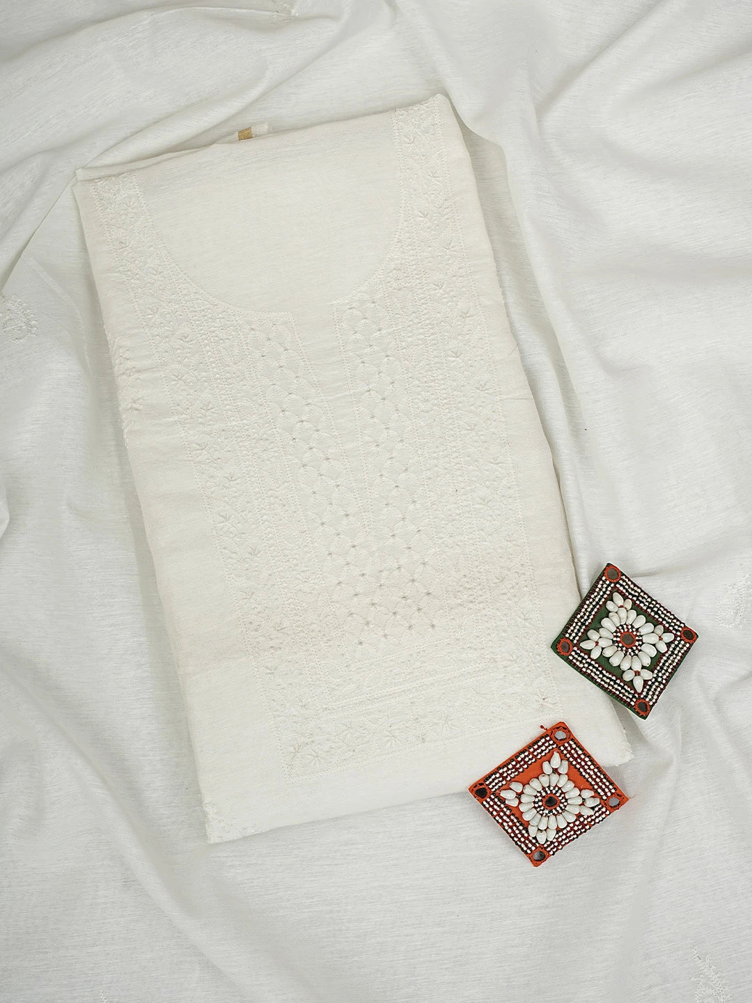 Ada Hand Embroidered White Khadi Chanderi Lucknowi Chikankari Unstitched Kurta Dupatta Set 01A361743