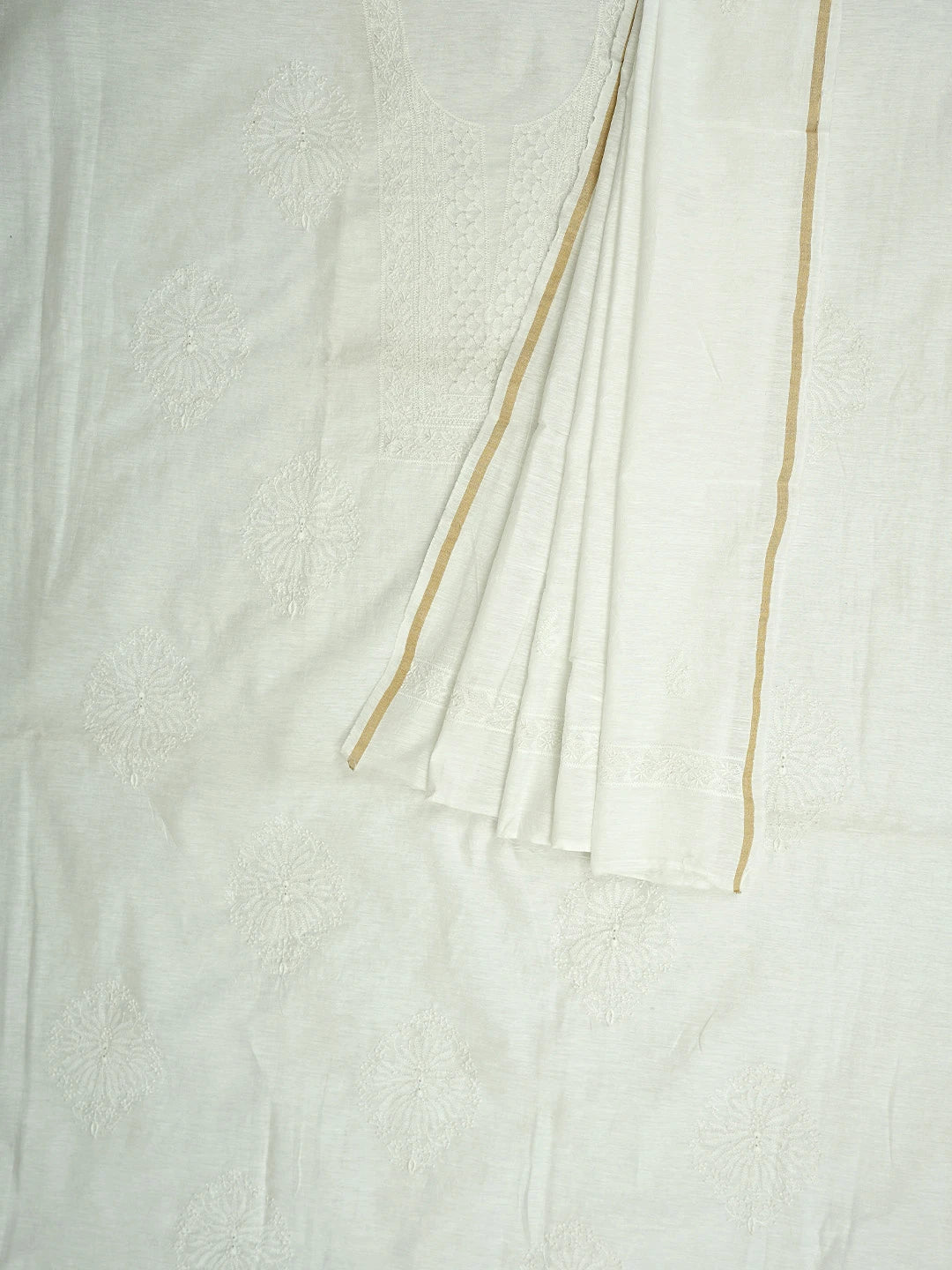 Ada Hand Embroidered White Khadi Chanderi Lucknowi Chikankari Unstitched Kurta Dupatta Set 01A361743
