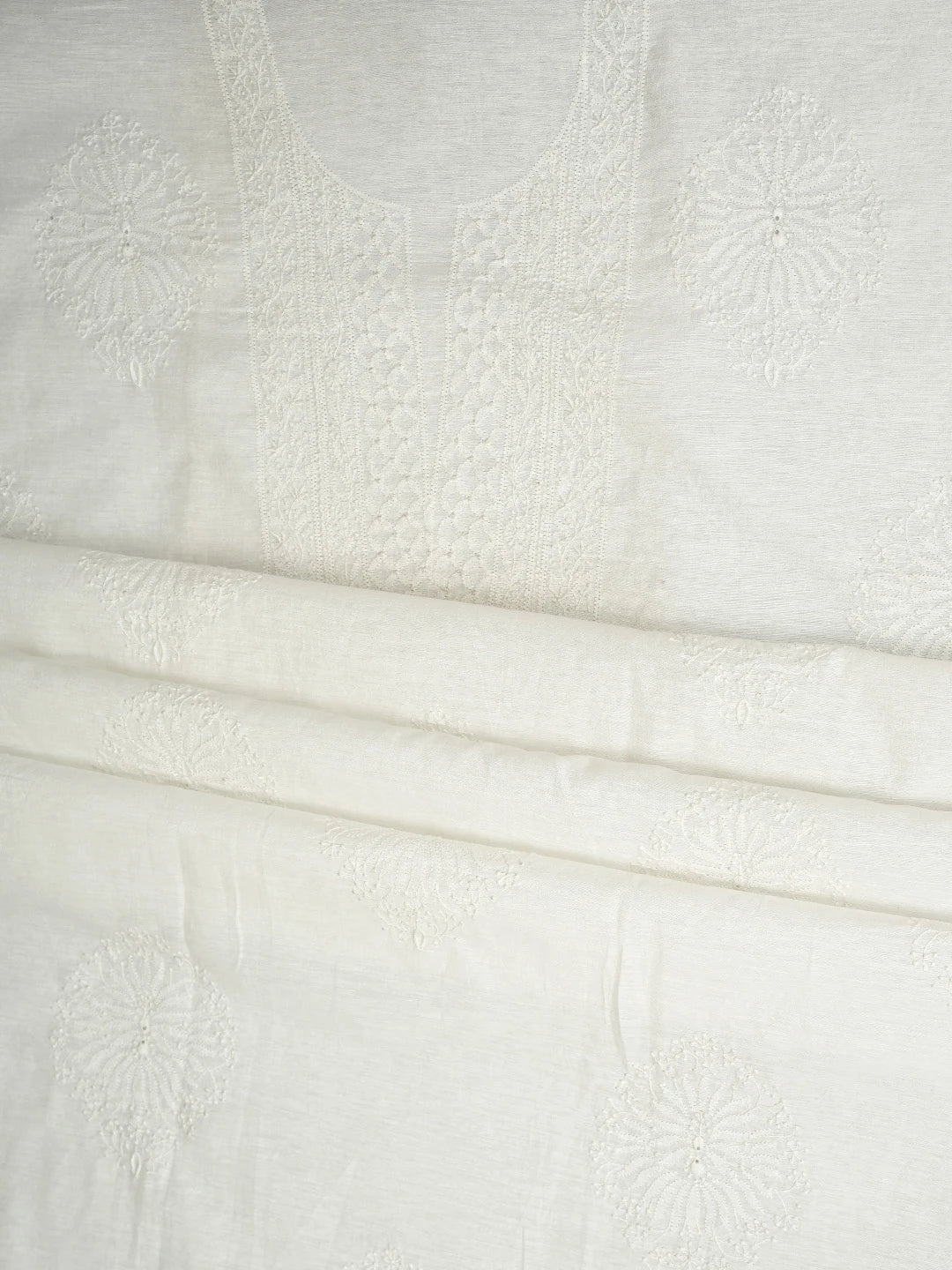 Ada Hand Embroidered White Khadi Chanderi Lucknowi Chikankari Unstitched Kurta Dupatta Set 01A361743