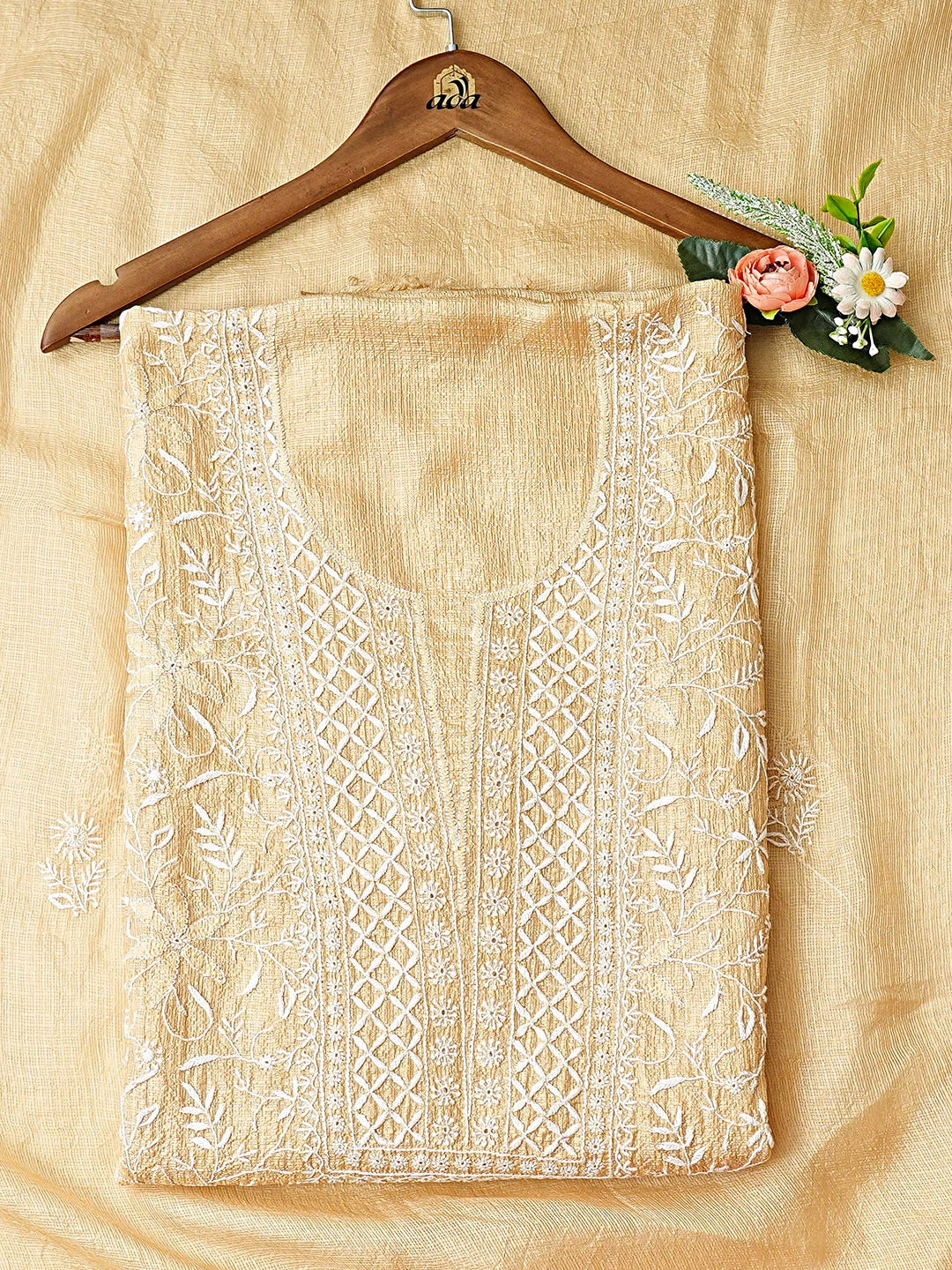Ada Hand Embroidered Fawn Kota Silk Lucknowi Chikankari Unstitched Kurta Dupatta Set 01A890975