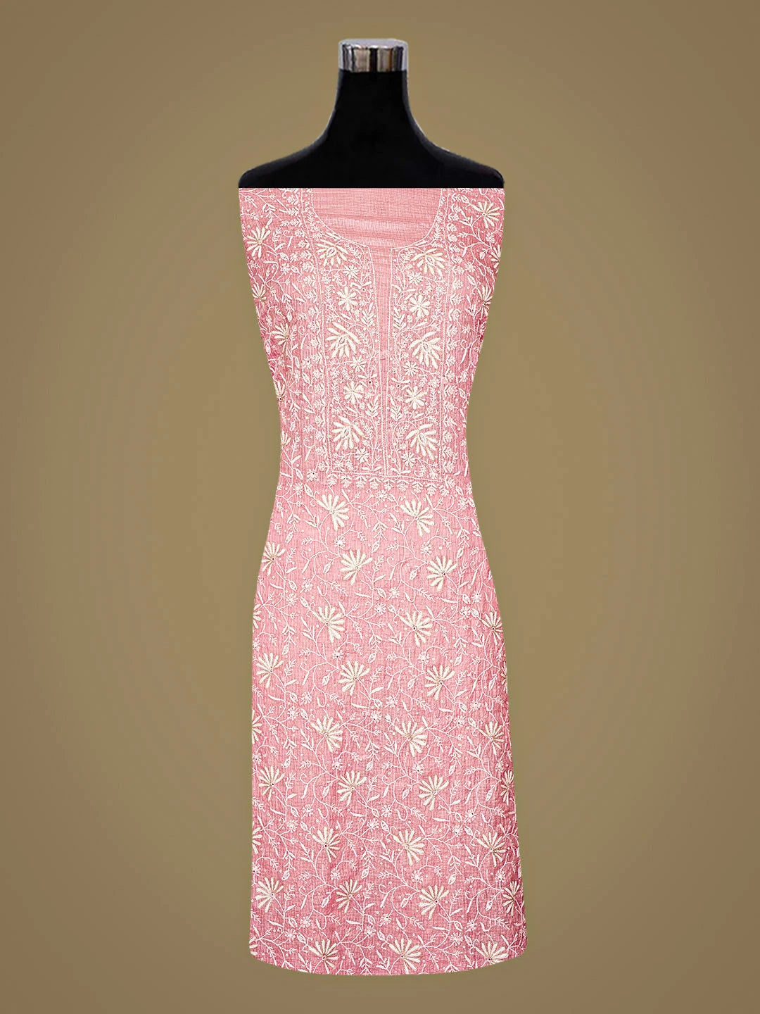 Ada Hand Embroidered Pink Kota Silk Lucknowi Chikankari Unstitched Kurta Dupatta Set With Cutdana Work 01A890969