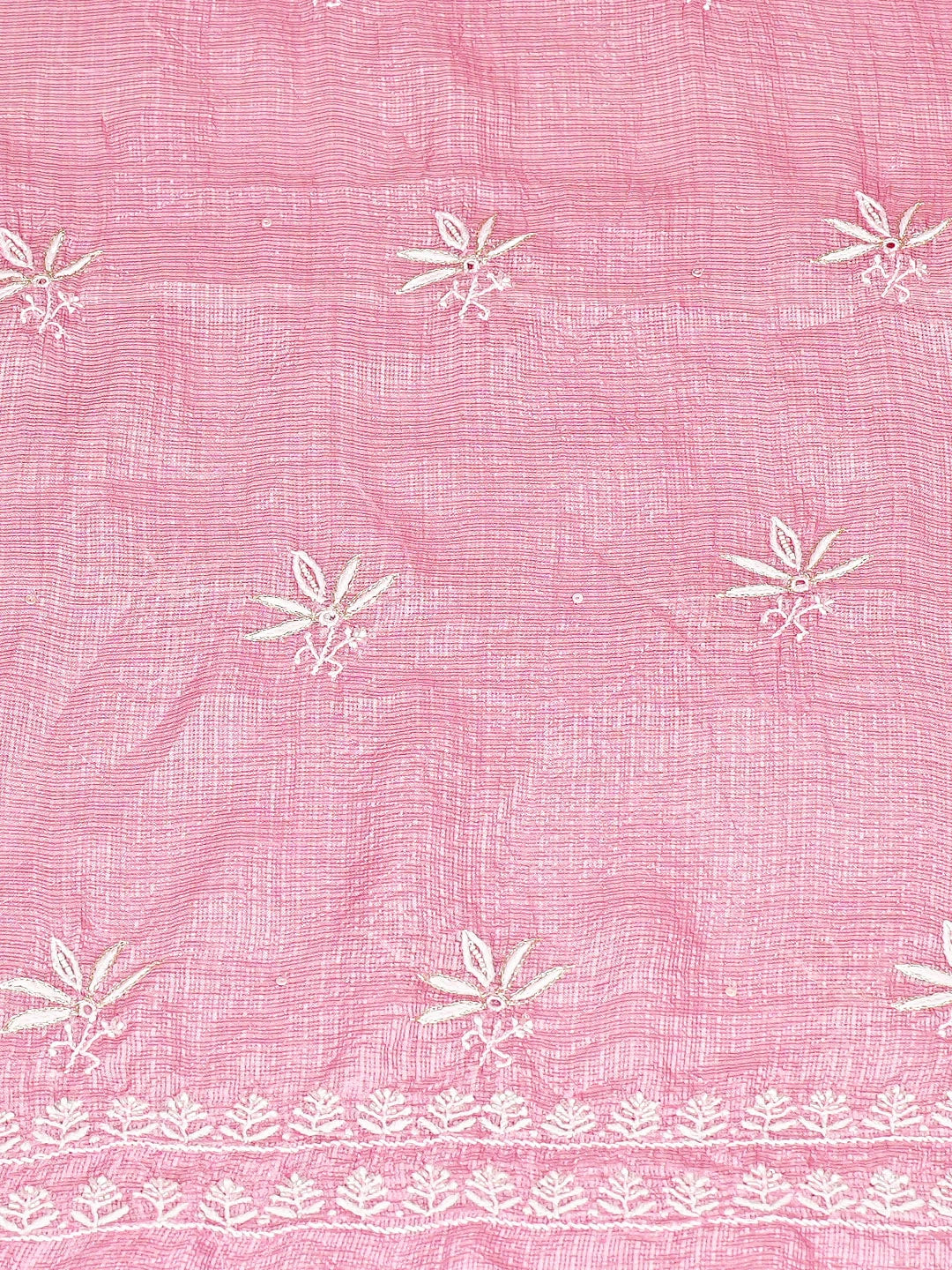 Ada Hand Embroidered Pink Kota Silk Lucknowi Chikankari Unstitched Kurta Dupatta Set With Cutdana Work 01A890969
