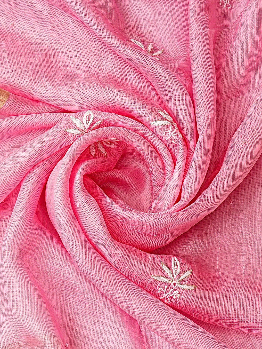Ada Hand Embroidered Pink Kota Silk Lucknowi Chikankari Unstitched Kurta Dupatta Set With Cutdana Work 01A890969