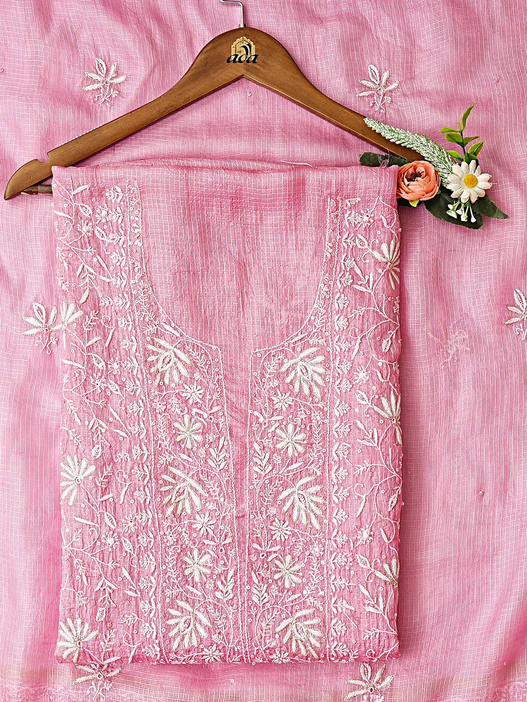 Ada Hand Embroidered Pink Kota Silk Lucknowi Chikankari Unstitched Kurta Dupatta Set With Cutdana Work 01A890969