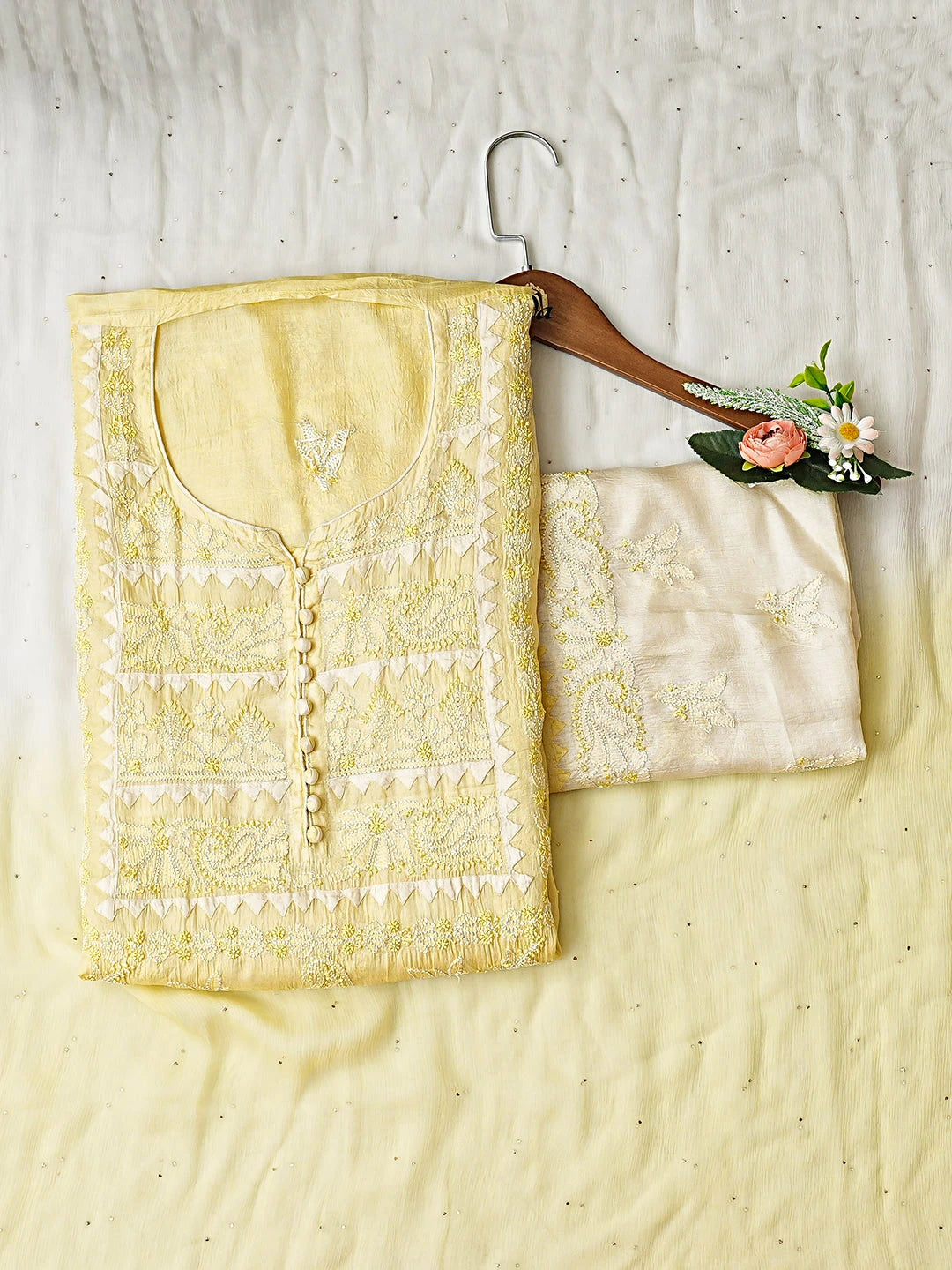 Ada Hand Embroidered Lemon Silk Lucknowi Chikankari Unstitched Suit Piece with Chiffon Dupatta 01A913047