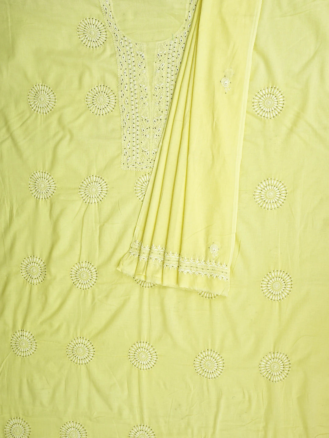 Ada Hand Embroidered Lemon Cotton Lucknowi Chikankari Unstitched Kurta Dupatta Set With Muqaish Work 01A181177