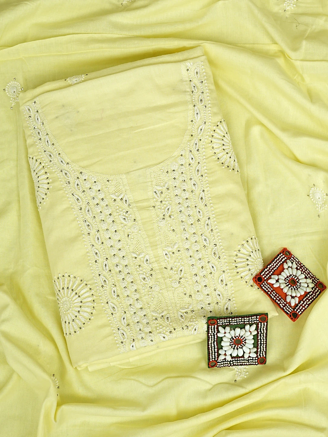 Ada Hand Embroidered Lemon Cotton Lucknowi Chikankari Unstitched Kurta Dupatta Set With Muqaish Work 01A181177