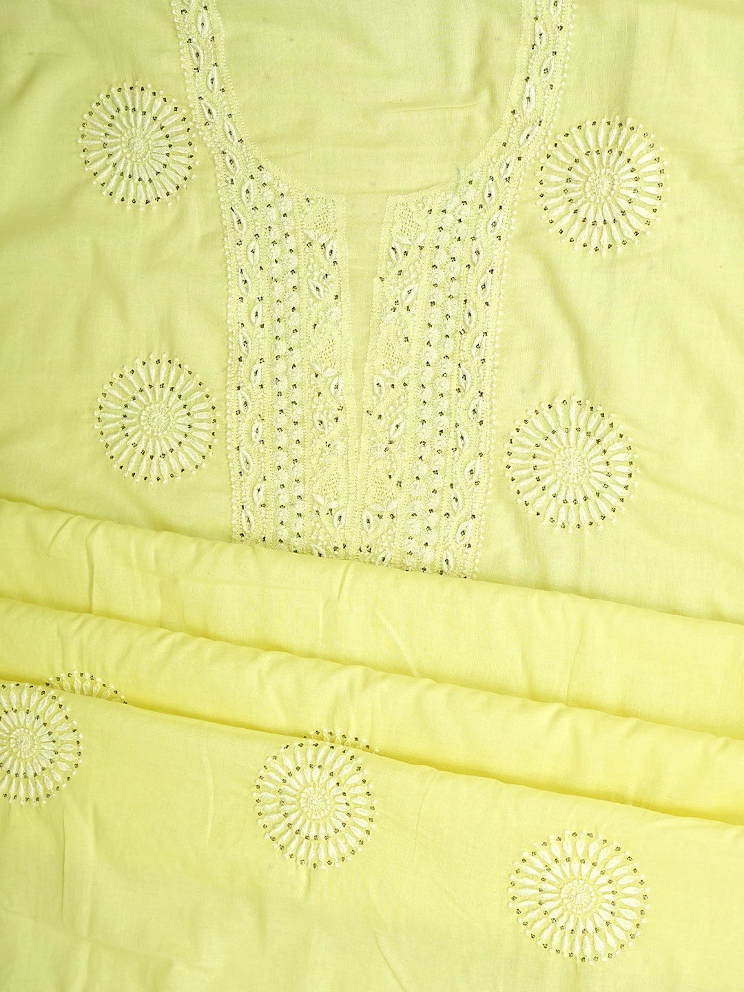 Ada Hand Embroidered Lemon Cotton Lucknowi Chikankari Unstitched Kurta Dupatta Set With Muqaish Work 01A181177