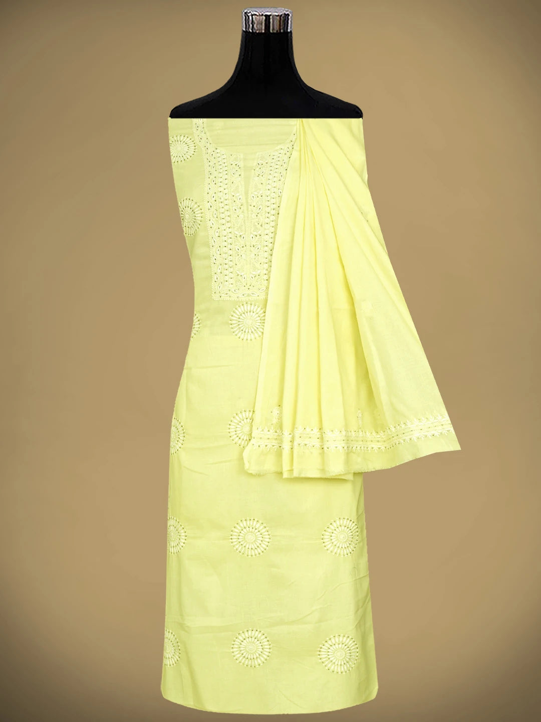 Ada Hand Embroidered Lemon Cotton Lucknowi Chikankari Unstitched Kurta Dupatta Set With Muqaish Work 01A181177