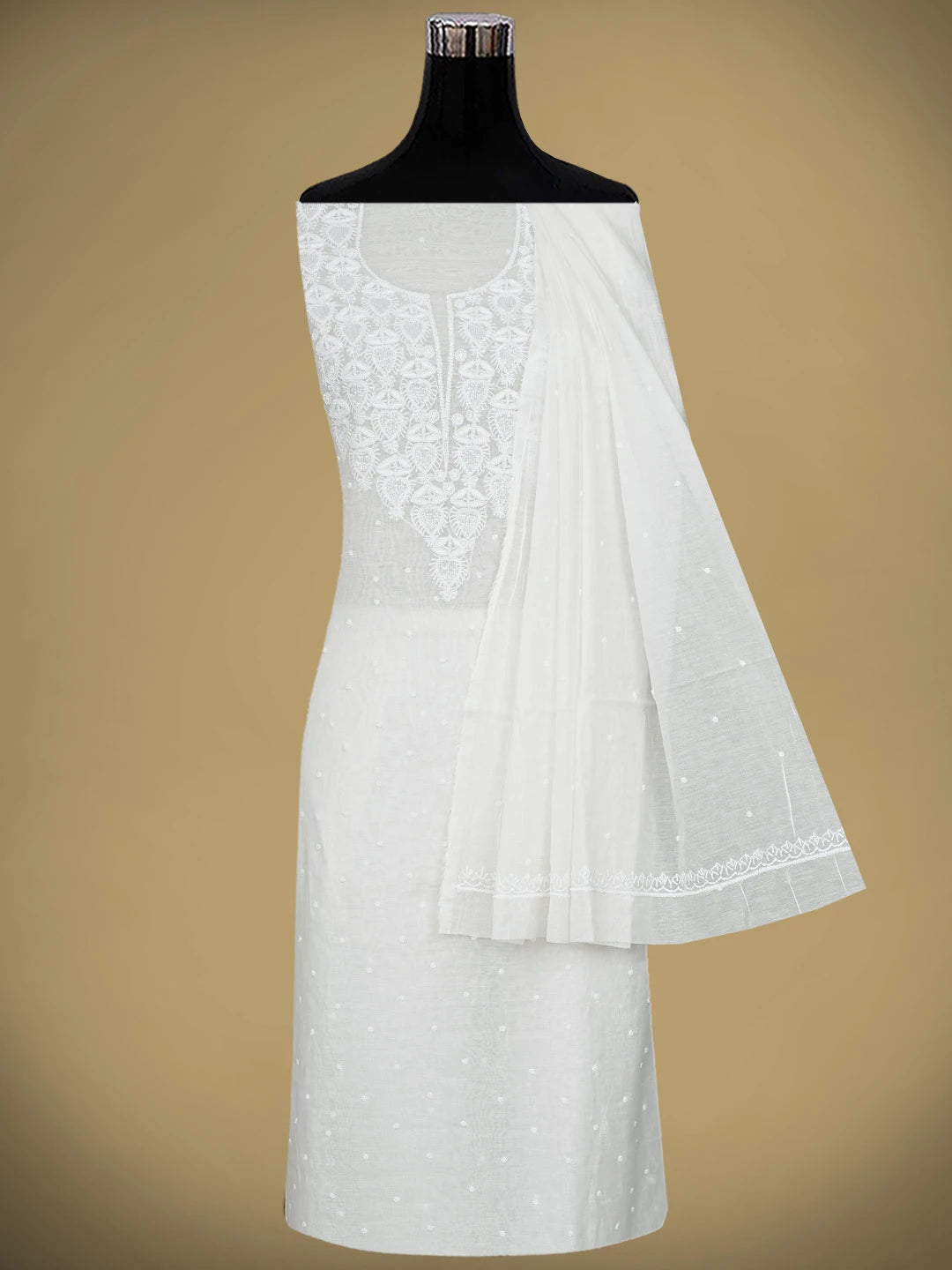 Ada Hand Embroidered White Chanderi Lucknowi Chikankari Unstitched Kurta Dupatta Set With Pearl Work 01A911085