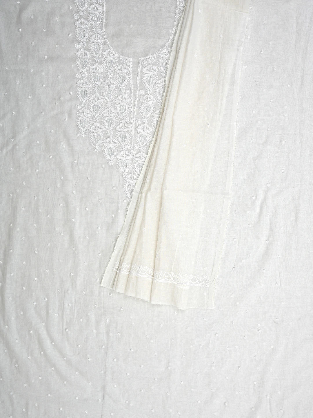 Ada Hand Embroidered White Chanderi Lucknowi Chikankari Unstitched Kurta Dupatta Set With Pearl Work 01A911085